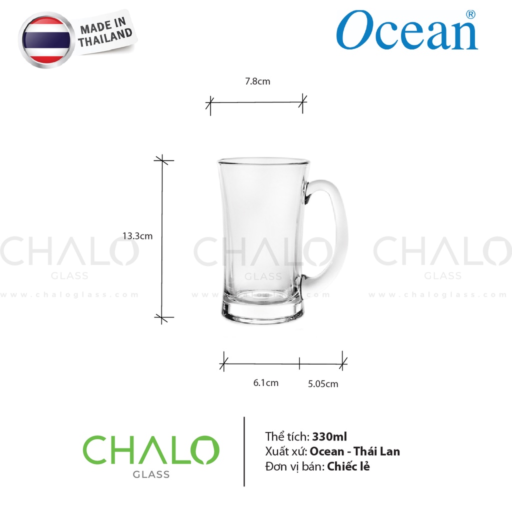 [Made in Thailand] Ly bia thủy tinh có quai Ocean Lugano Beer Mug 330ml - P00740