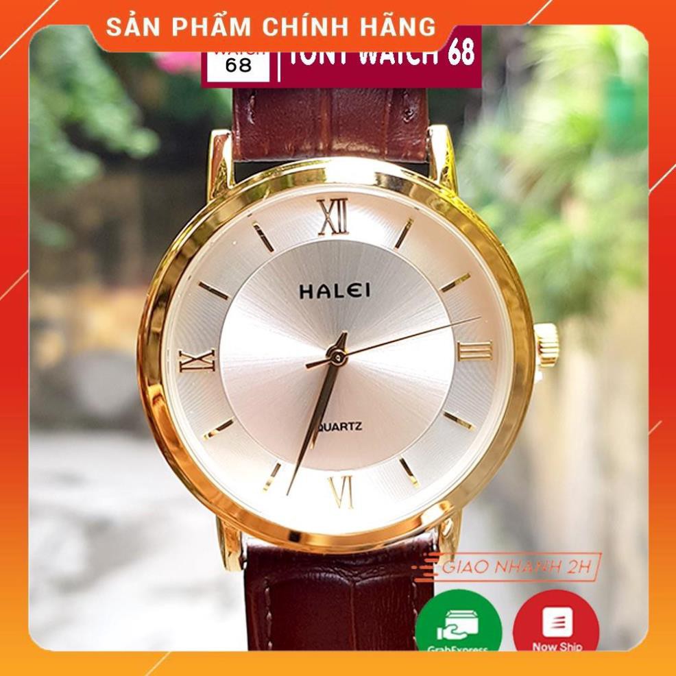 Hot!!! Đồng Hồ Nam Dây Da Nâu Mặt Trắng Viền Vàng Halei Chính Hãng Tony Watch 68 giá re