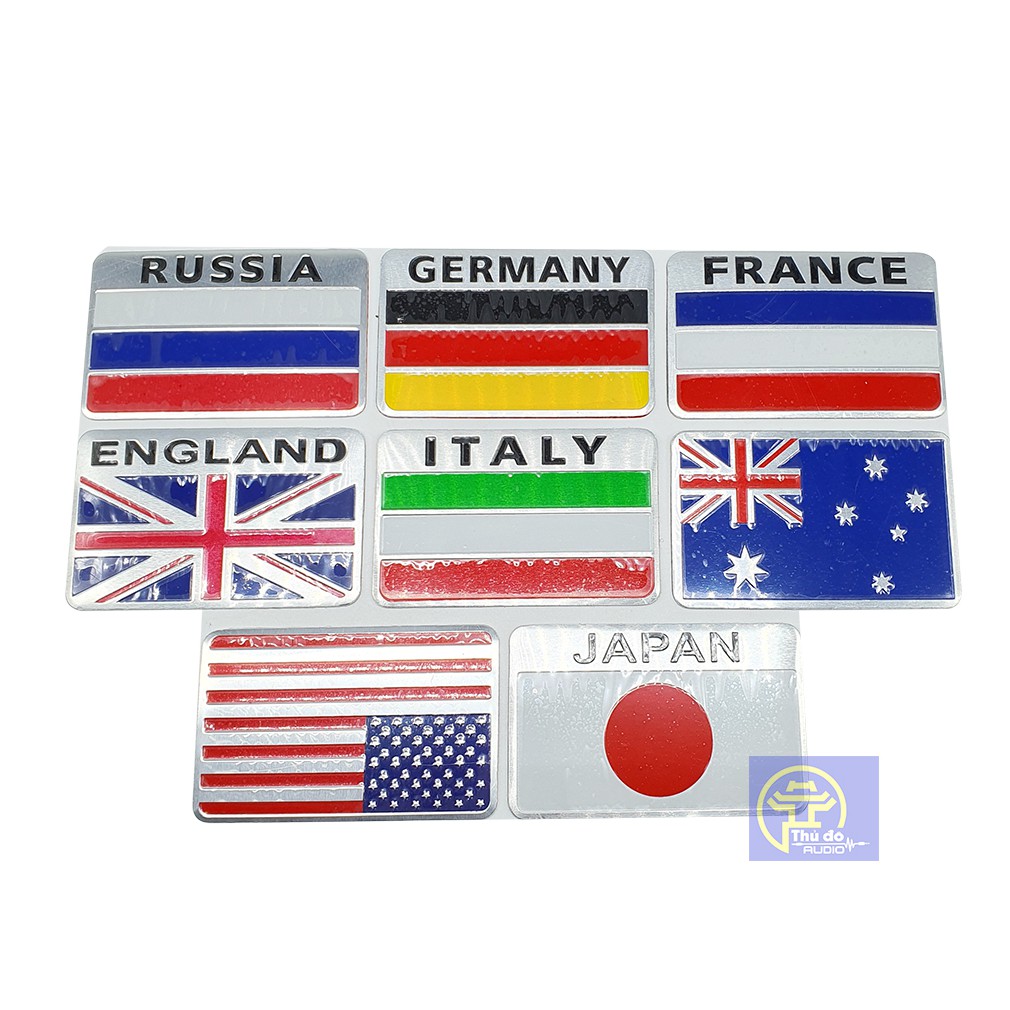 Tem nhôm decal dán trang trí xe hình cờ các nước trên thế giới- Anh, Mỹ, Đức, Pháp, Nhật........(hình chữ nhật kt 8x5cm)