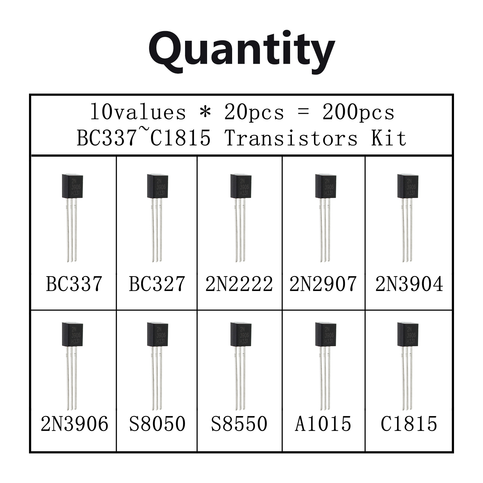 10 Values 200pcs Transistor Kit, Power Transistor Assortment Triode TO-92-3, Mosfet Assortment Kit with Plastic Storage Box,BC337 BC327 2N2222 2N2907 2N3904 2N3906 S8050 S8550 A1015 C1815