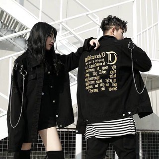 Áo khoác jean phối xích chữ vàng