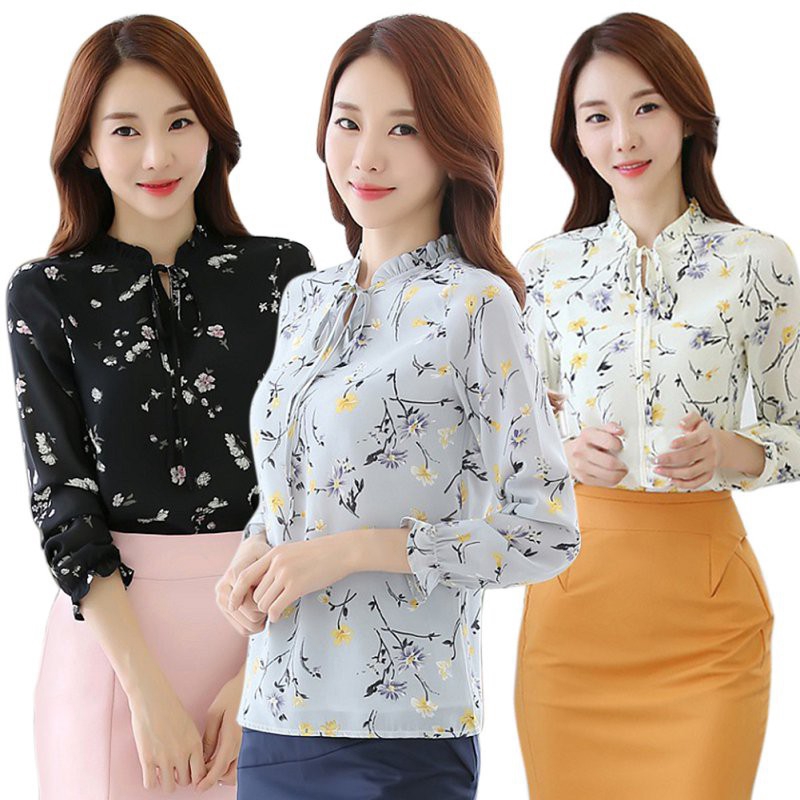 Áo chiffon tay dài họa tiết hoa thanh lịch cho nữ