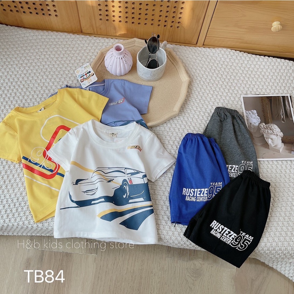 Bộ cộc tay bé trai vải cotton mềm mịn, thoáng mát, in hình ô tô đua siêu ngầu size từ 8 - 30 kg