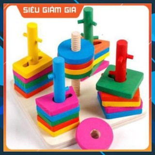 Combo Đồ chơi gỗ Montessori thả hình 4 coc cho bé phát triển kỹ năng cơ bản