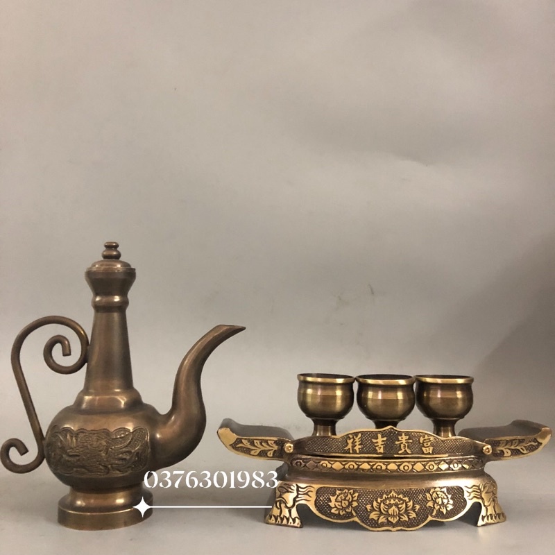 combo bộ bình ấm rượu ,bình trà khay nước thờ 3 chén bằng đồng màu giả cổ