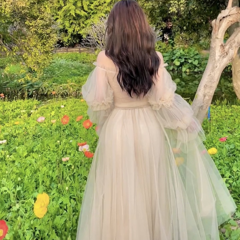 Đầm Công Chúa 22 Món Trễ Vai Phối Lưới Họa Tiết Tranh Sơn Dầu Phong Cách Pháp Cho Nữ