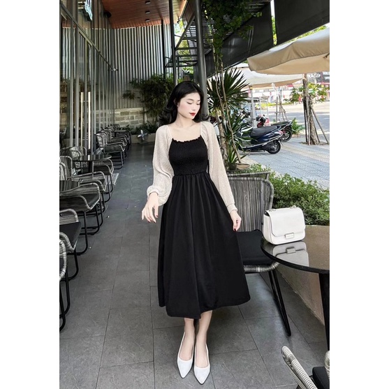 VÁY ĐEN PHỐI TAY ÁO CHẤM BI DÀI CAO CẤP (ảnh tự chụp 100%)