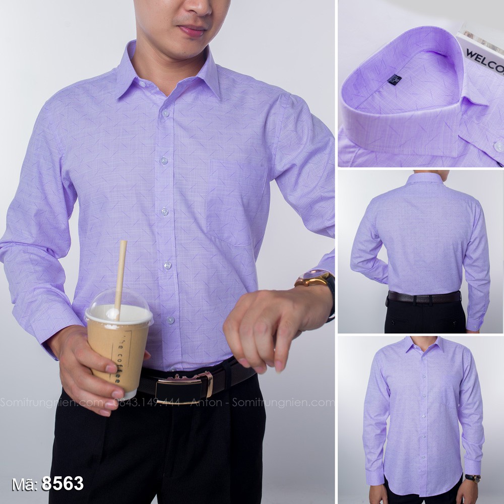 Áo Sơ Mi Nam Công Sở Trung Niên Thương Hiệu Anton Màu Tím Chấm Bi Dài Tay Vải Cotton Họa Tiết In Chìm - X8563