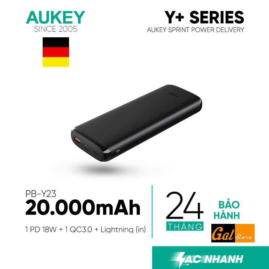 Pin Dự Phòng 20000mAh AUKEY PB-Y23, QC 3.0, PD 18W, Cổng Lightning In 18W