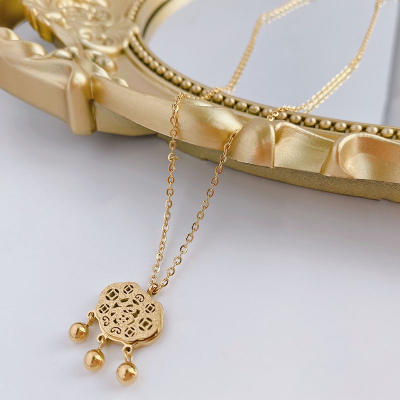 Vòng cổ thép titan mạ vàng 18k mặt ổ khóa may mắn phong cách Trung Hoa