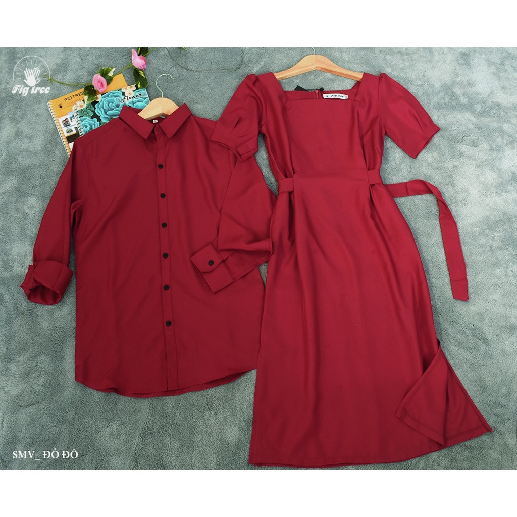 Set áo sơ mi váy đôi màu đỏ đô siêu hot