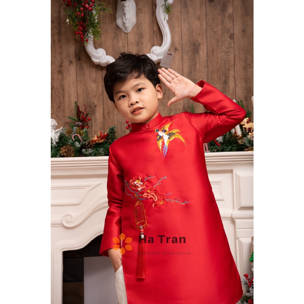 Áo dài bé trai thêu đèn lồng 3 màu đỏ xanh vàng áo dài tết cho bé trai mặc đi chơi chụp ảnh lễ tết