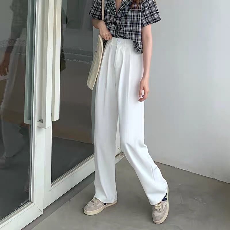 IELGY Quần tây ống đứng lưng cao màu trơn thời trang công sở cho nữ