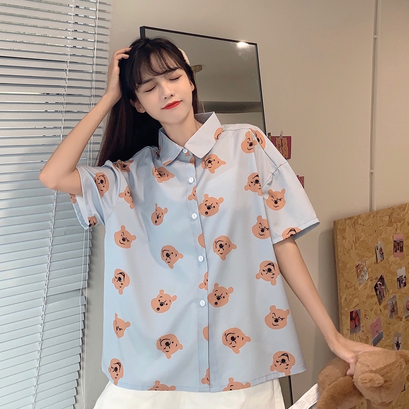 SUXI Áo kiểu nữ tay ngắn họa tiết hình chú gấu phong cách Nhật Bản