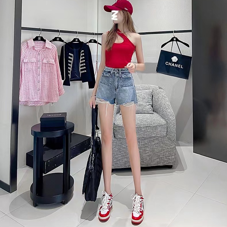 Quần Short Denim Ống Rộng Lưng Cao Màu Trơn Thời Trang Mùa Hè Hàn Quốc Cho Nữ