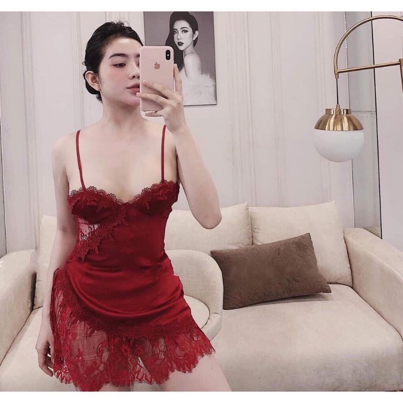 VN03 váy ngủ đầm ngủ nữ lụa satin pha ren mềm mại thoáng mát