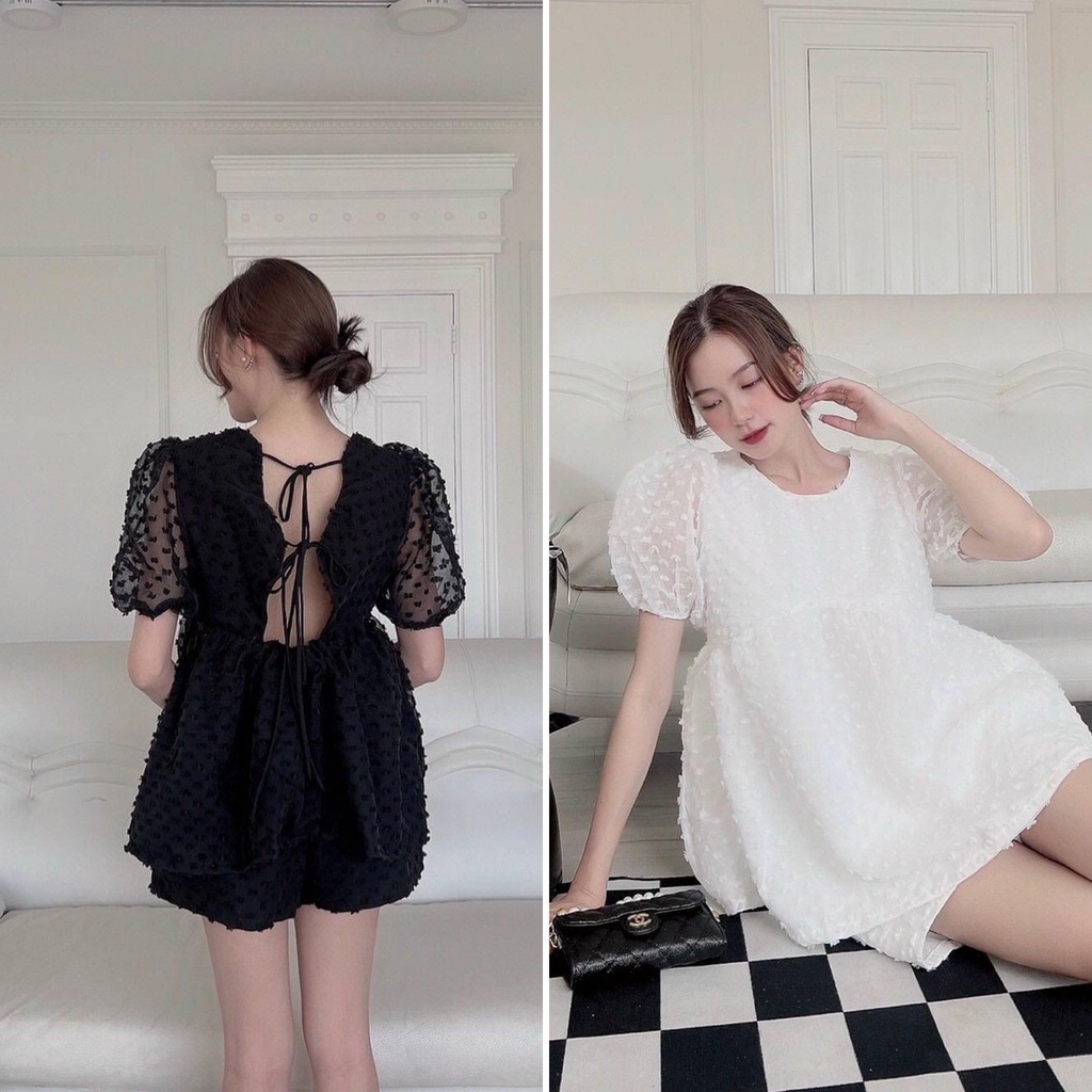 SET ÁO BABYDOLL CỘT NƠ LƯNG VOAN BỊ NỖI + SHORT