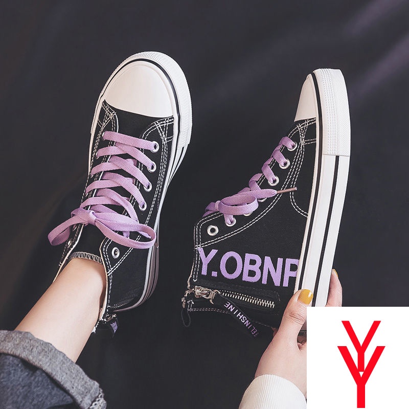 Giày Thể Thao Vải Canvas Cổ Cao Có Dây Kéo Bên Phong Cách Thể Thao Mới 2021 Cho Nữ Sinh