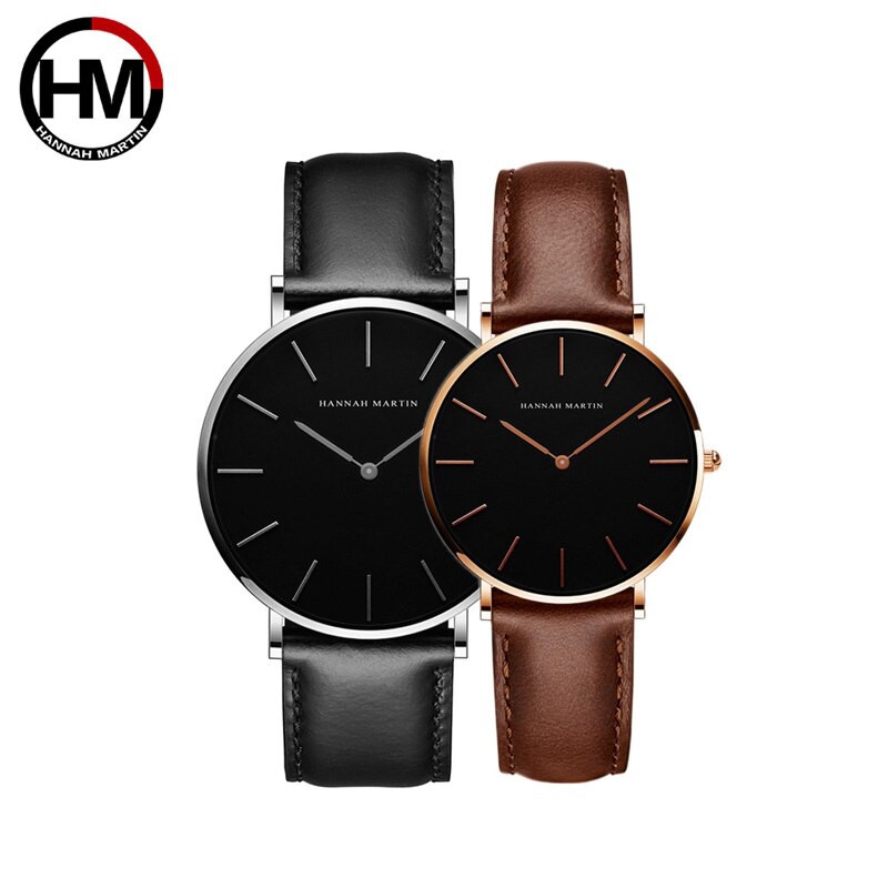 Đồng hồ cặp HANNAH MARTIN siêu mỏng chính hãng máy Nhật cao cấp dây da cá tính