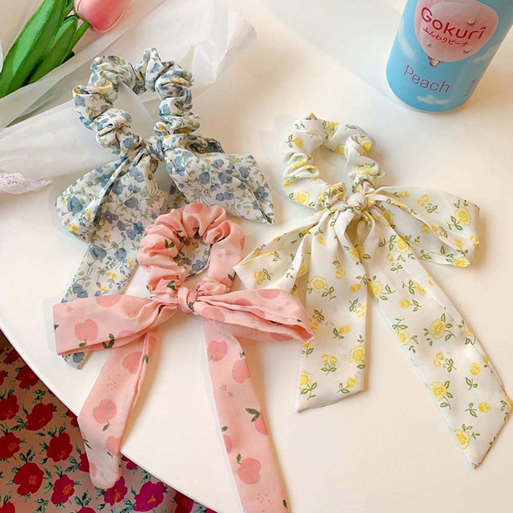 Dây cột tóc với ruy băng chiffon thắt nơ họa tiết hoa thanh lịch phong cách Hàn Quốc dành cho nữ