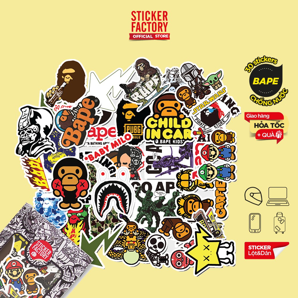 Hộp set 30 sticker decal hình dán nón bảo hiểm , laptop, xe máy, ô tô STICKER FACTORY - Bape