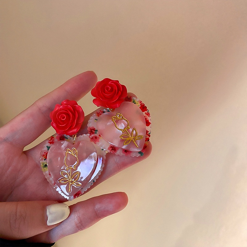 1 Đôi Bông Tai Bạc Hình Hoa Hồng Đính Kim Cương & Ngọc Trai Đỏ Phong Cách Hàn Quốc Thời Trang