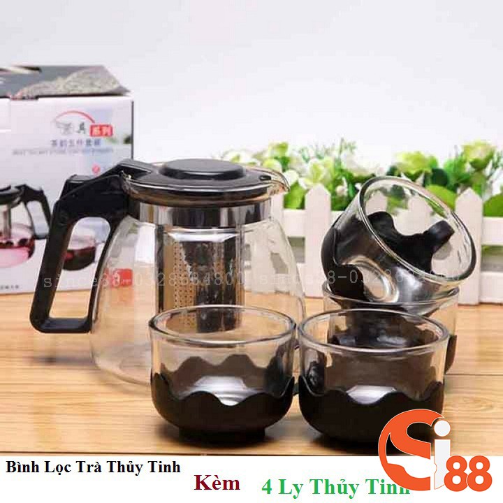 Bộ ấm trà thủy tinh lõi lọc Và 4 ly thuỷ tinh, bình pha trà GD94 - SINCE88