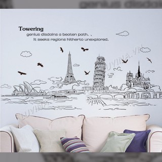 Decal dán tường trang trí quán cafe, văn phòng - Thành phố nghiêng Towering