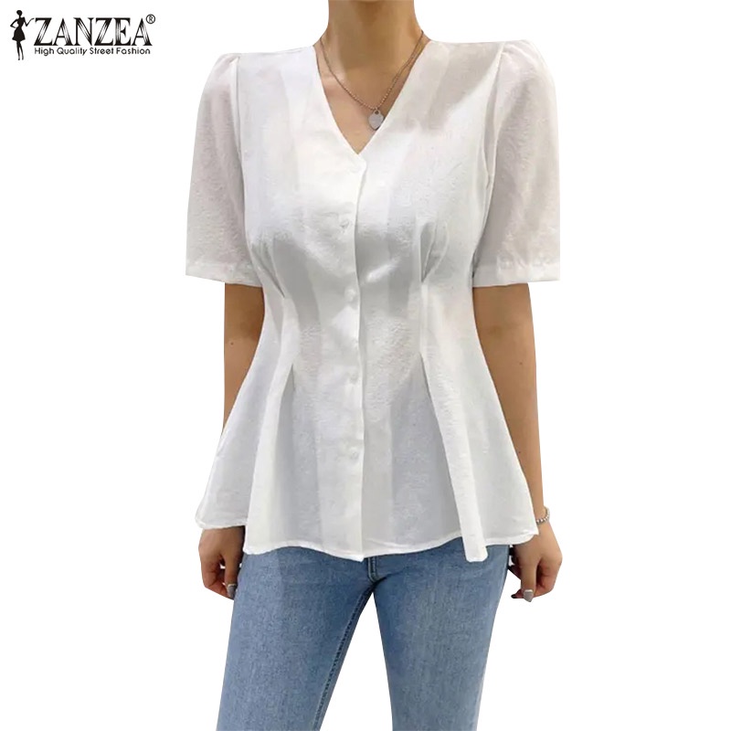 Áo sơ mi ZANZEA tay phồng cổ chữ V phong cách Hàn Quốc thanh lịch dành cho nữ