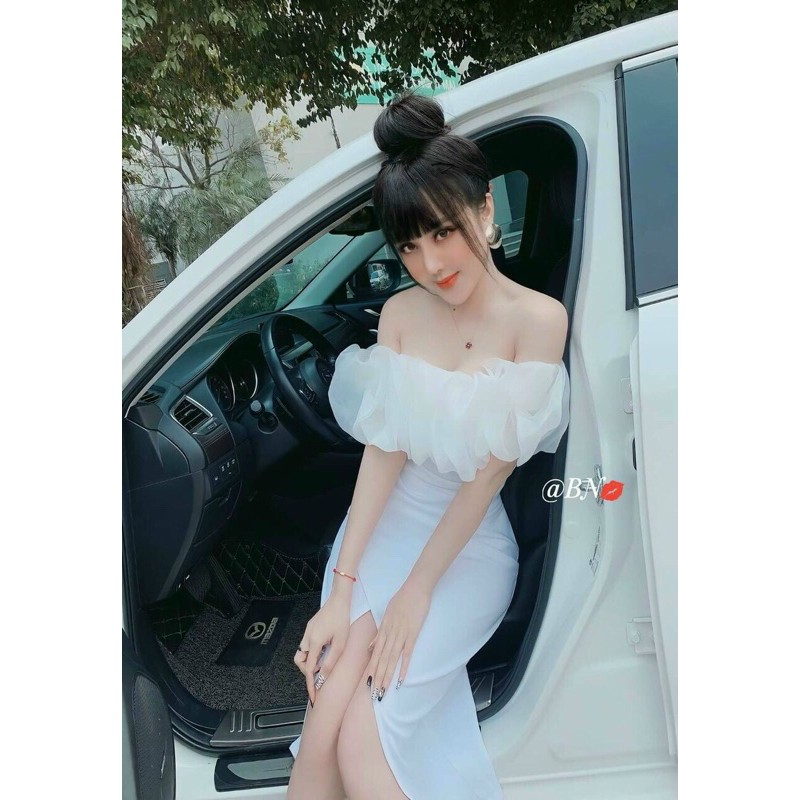 Đầm body xẻ đùi phối voan kiếng