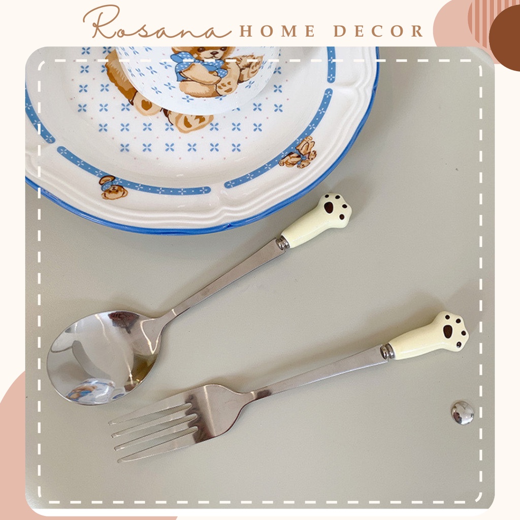 Set thìa/muỗng nĩa tay cầm sứ hình dáng chân mèo đáng yêu phong cách Hàn Quốc
