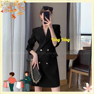 Vn504 - váy nữ đen cổ vét túi ngực cúc đồng