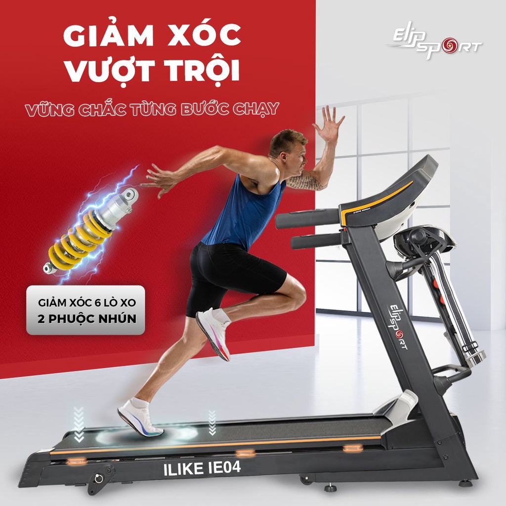 Máy Chạy Bộ Gấp Gọn ELIP iLike iE04 Đa Năng Có Máy Rung Bụng, Tạ Tay, Màn Hình LCD