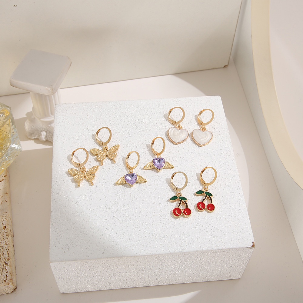 Set 9 Đôi Bông Tai Tua Rua Bằng Hợp Kim Dát Đá Hình Học / Bướm / Trái Tim / Cherry / Ngọ