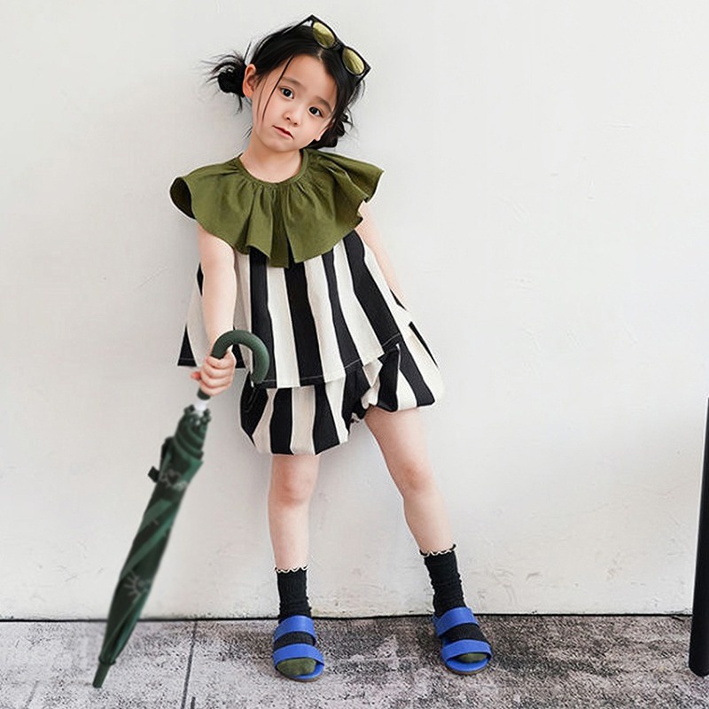 Set Áo Sát Nách Cổ Bèo + Quần Short Phong Cách Hàn Quốc Cho Bé Gái