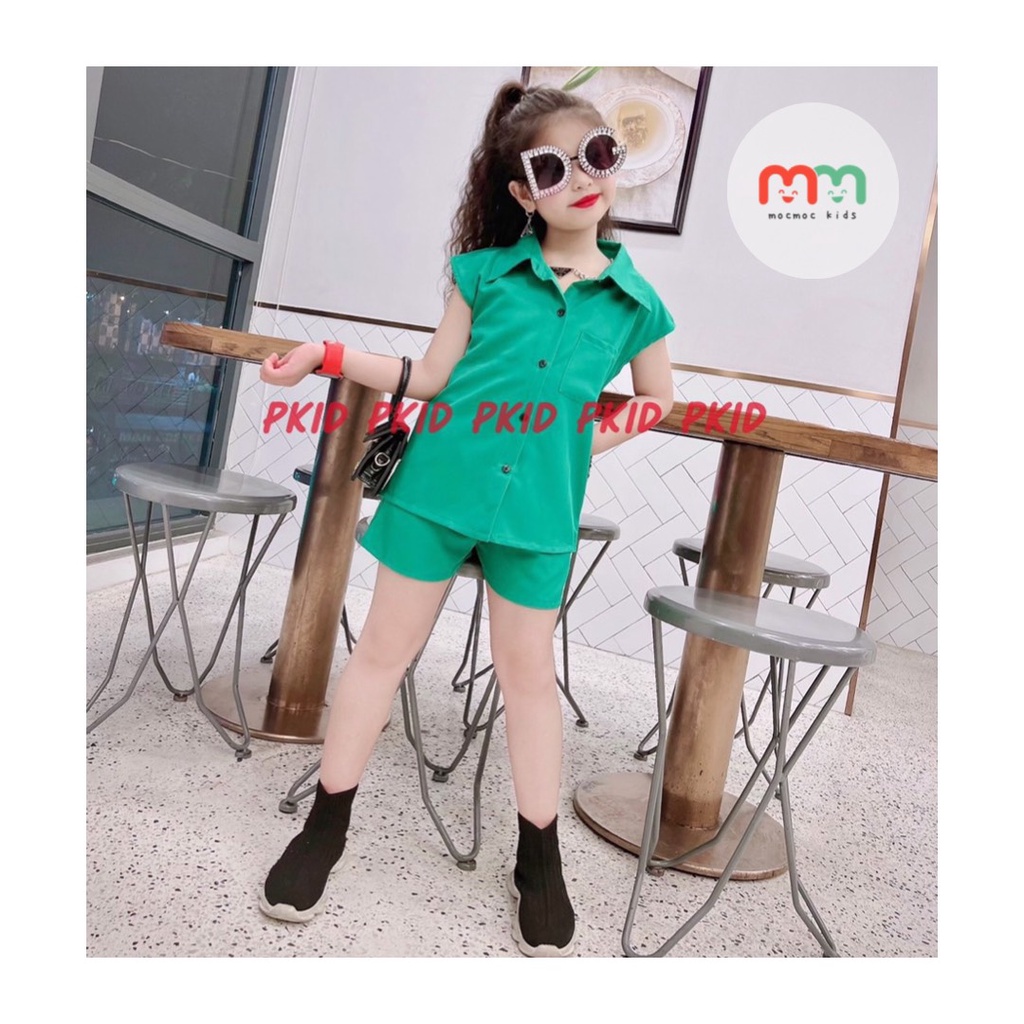 Set đồ bé gái áo sơ mi sát nách phối quần cộc chất Kate Hàn co giãn nhẹ mềm cho bé 22kg đến 42kg
