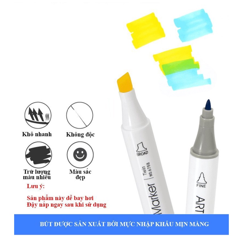 Bút dạ màu cao cấp Marker 2 đầu BaoKe MP 6758- 12 Màu/18 Màu/24 Màu/36 Màu/48 Màu