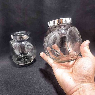 Hũ đựng gia vị đẹp 480ml (combo 4 cái) tròn dẹt kiểu nghiêng 2 đáy nắp nhựa bạc- Hũ thủy tinh đựng gia vị