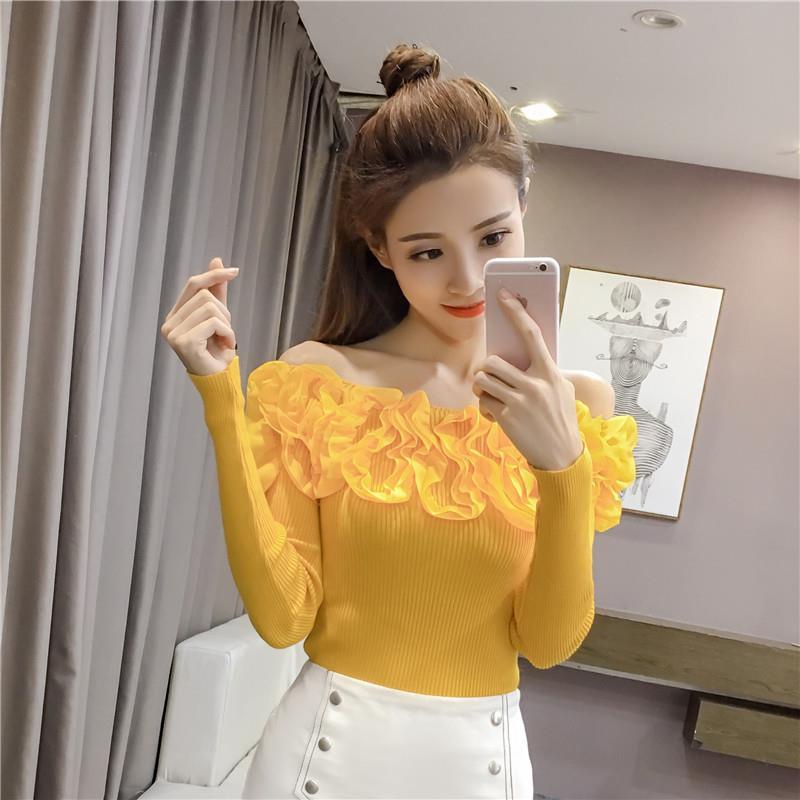 Fall new line neck sweater Korean women's long sleeve tight stretch bottoming shirt short pullover