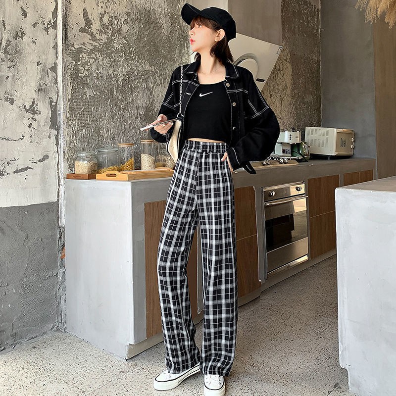 0428 New black and white plaid pants spring and summer female students Korean version of loose high waist straight leg slimming casual mopping wide leg trousers