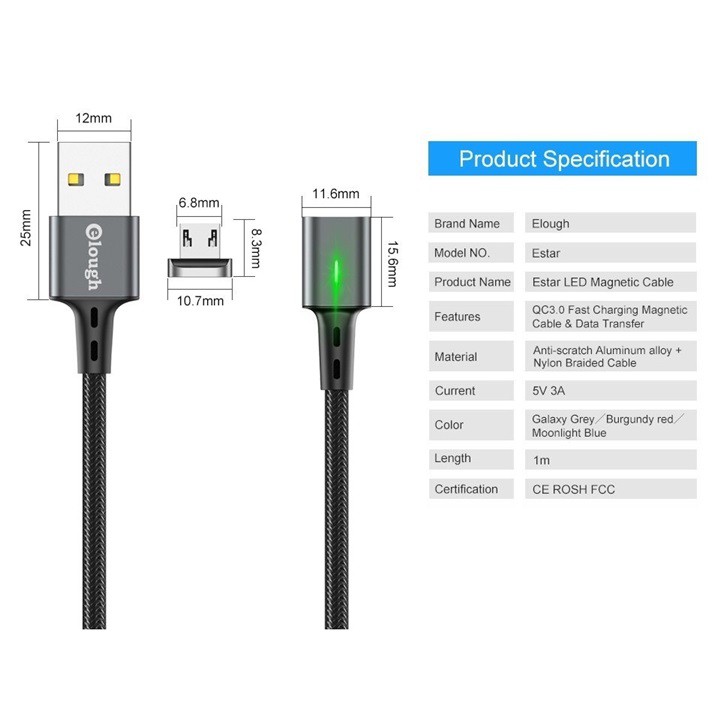 Cáp Sạc, Truyền Dữ Liệu Nam Châm Elough Estar MicroUSB Hỗ Trợ Sạc Nhanh QC 3.0 Chính Hãng