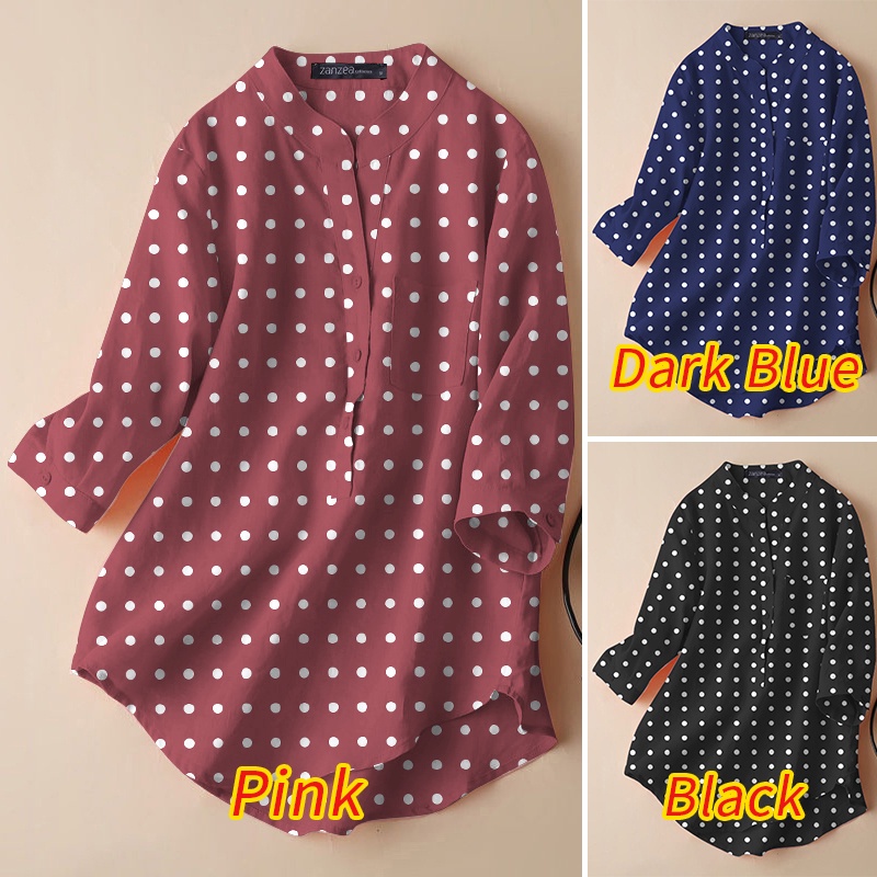 ZANZEA Áo Kiểu Cổ Tròn Tay 3 / 4 Họa Tiết Chấm Bi Phong Cách Cổ Điển Dành Cho Nữ