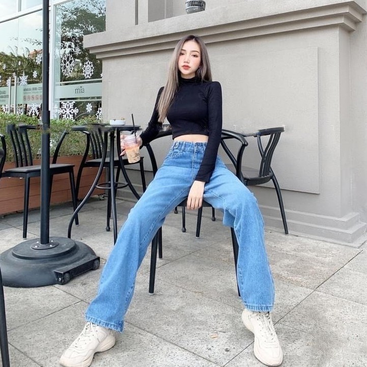 Quần Jeans Nữ Simple Jeans Lưng Cao Dáng Suông Ống Rộng Ulzzang [ Xanh Nhạt | BigBuy360 - bigbuy360.vn