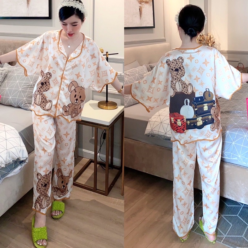 Đồ bộ pijama lượn sóng cao cấp cho nữ - Lụa Satin hàng thiết kế tay ngắn quần dài dưới 65kg sang trọng - bầu bí sau sinh