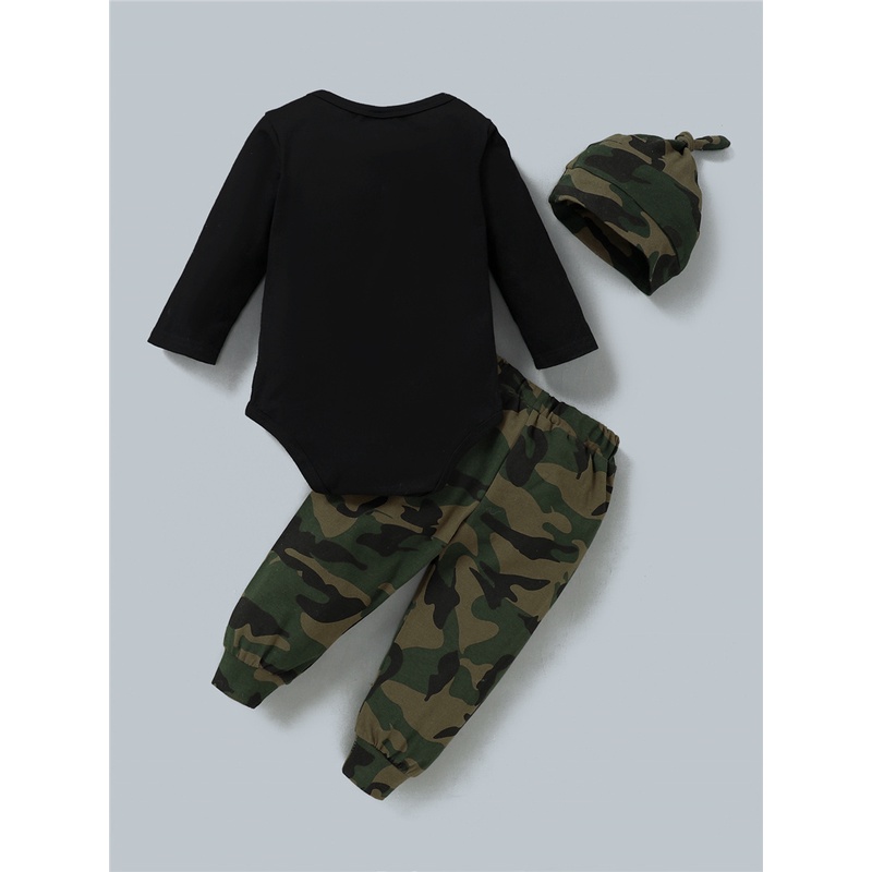 Set trang phục 3 món Mikrdoo gồm áo liền quần tay dài in chữ + quần họa tiết rằn ri + mũ thời trang mùa thu cho bé trai