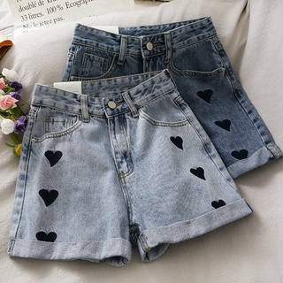 Quần Đùi Denim Thêu Hình Trái Tim Ống Rộng Lưng Cao Phong Cách Hàn Quốc Thoải Mái Cho Nữ