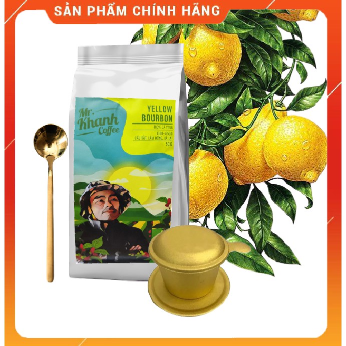 [ Mùa mới] Cà Phê Yellow Bourbon Võ Khanh Cầu Đất Arabica 100% K Phiêu (Túi 500g)- Tặng Phin và muỗng inox vàng óng ánh