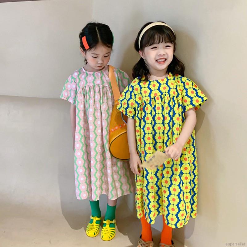 Đầm công chúa dáng dài cổ tròn in hoa phong cách Hàn Quốc thời trang mùa hè dễ thương cho bé gái 3-8 tuổi