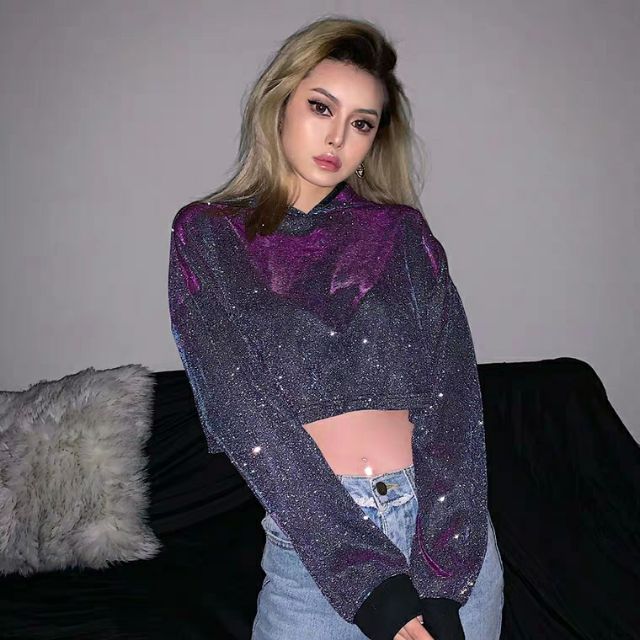✨ Áo hoodie croptop có mũ ánh nhũ phản quang lấp lánh dancer bling bling