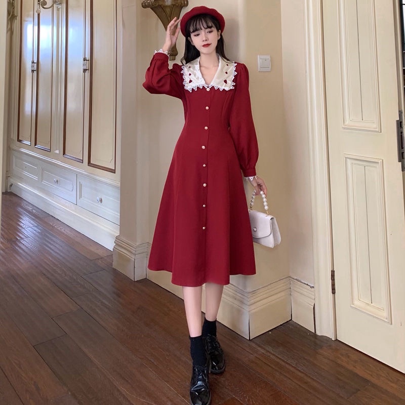 Đầm cổ búp bê nữ phong cách Retro Pháp thanh lịch hợp mùa xuân thu